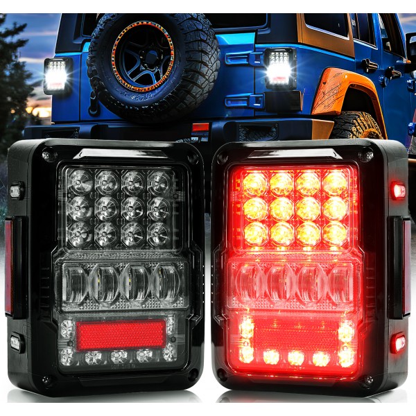 AUDEXEN LED Tail Lights for Jeep Wrangler JK JKU 2007–2018, Rear Brake Lamps with 20W Brighter Reverse & Parking Lights, Plug & Play, Error-Free CANbus, Smoke Lens, 2PCS