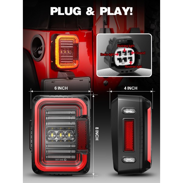AUDEXEN LED Tail Lights Compatible with Jeep Wrangler JK JKU 2007-2018, Unique C Shaped Design Smoked Lens, 20W Reverse Lights, Built-in EMC, DOT Compliant, 2 PCS