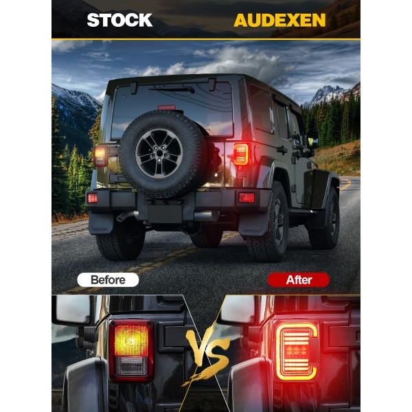 AUDEXEN LED Tail Lights Compatible with Jeep Wrangler JK JKU 2007-2018, Unique C Shaped Design Clear Lens, 20W Reverse Lights, Built-in EMC, DOT Compliant, 2 PCS