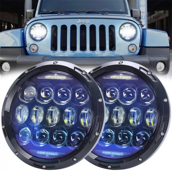 130W 7 Inch Round LED Headlights Blue Lens with Halo Ring of White DRL and Amber Turn Signal High Low Beam for Jeep Wrangler JK JKU LJ TJ CJ Headlamps Hummer H1 H2 (Black, 2PCS)