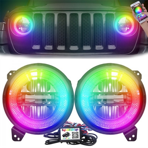 9 Inch RGB Halo Led Round Headlights, Bluetooth controlled, Built-in EMC, High/Low Beam DRL and 121 RGB Function for Jeep Wrangler JL Sport Rubicon Sahara 2018-2020, DOT Approved, 2 PCS