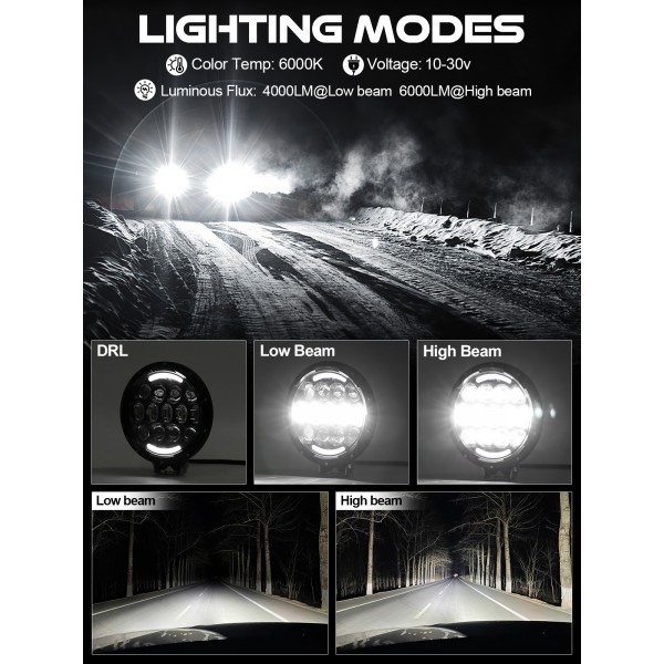 LED Work Lights, 7 Inch 105W Round Spot LED Pods Light Bar High/Low Beam DRL with Adjustable Mounting Bracket Compatible with Jeep Off Road 4WD Truck SUV UTV ATV Driving Lamp, 2 PCS