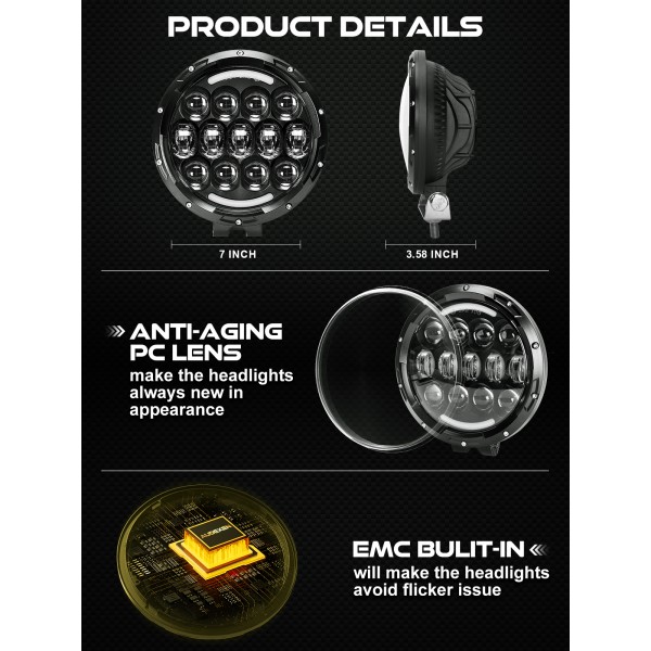 LED Work Lights, 7 Inch 105W Round Spot LED Pods Light Bar High/Low Beam DRL with Adjustable Mounting Bracket Compatible with Jeep Off Road 4WD Truck SUV UTV ATV Driving Lamp, 2 PCS