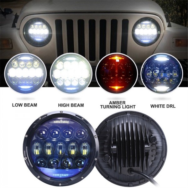 130W 7 Inch Round LED Headlights Blue Lens with Halo Ring of White DRL and Amber Turn Signal High Low Beam for Jeep Wrangler JK JKU LJ TJ CJ Headlamps Hummer H1 H2 (Black, 2PCS)
