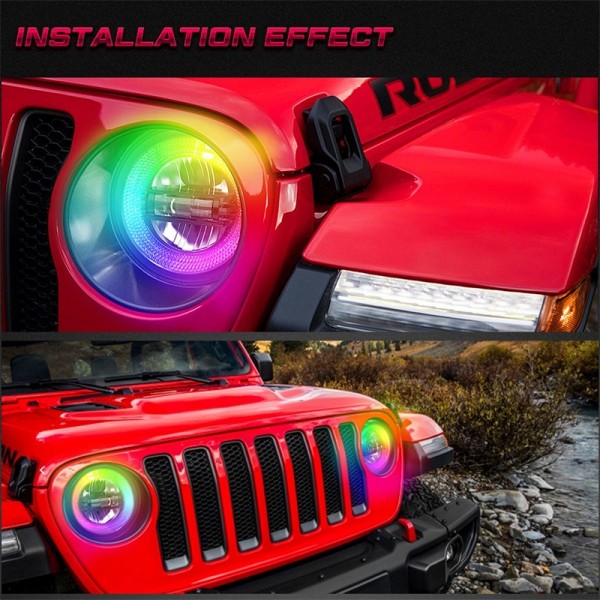 9 Inch RGB Halo Led Round Headlights, Bluetooth controlled, Built-in EMC, High/Low Beam DRL and 121 RGB Function for Jeep Wrangler JL Sport Rubicon Sahara 2018-2020, DOT Approved, 2 PCS