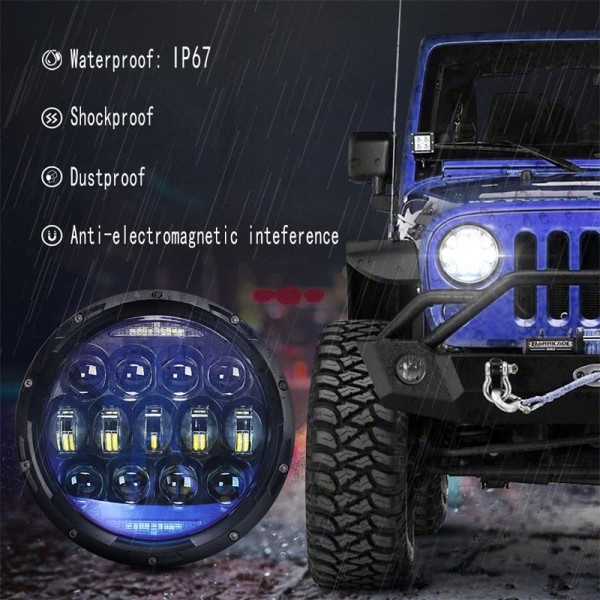 130W 7 Inch Round LED Headlights Blue Lens with Halo Ring of White DRL and Amber Turn Signal High Low Beam for Jeep Wrangler JK JKU LJ TJ CJ Headlamps Hummer H1 H2 (Black, 2PCS)
