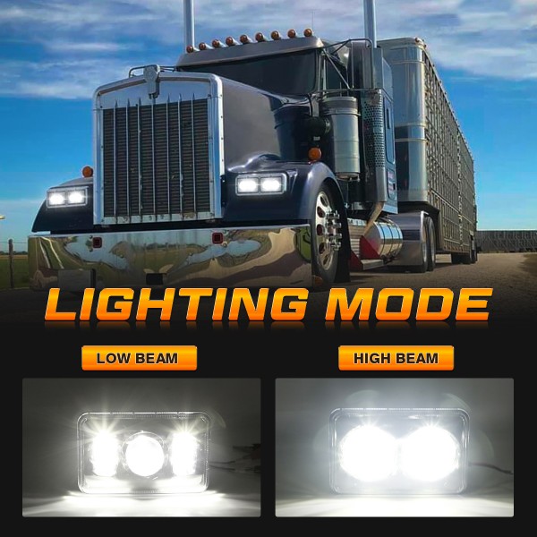 AUDEXEN 4x6 Inch LED Headlights for Kenworth T800 T600 & Peterbilt 379, 60W Rectangular Hi/Lo Beam, H4656 Replacement, DOT Approved, Chrome, 4PCS