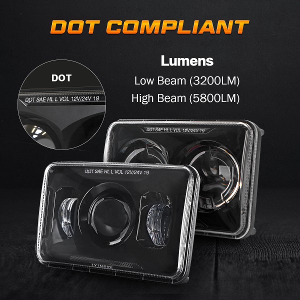 AUDEXEN 4x6 Inch LED Headlights for Kenworth T800 T600 & Peterbilt 379, 60W Rectangular Hi/Lo Beam, H4656 Replacement, DOT Approved, Chrome, 4PCS