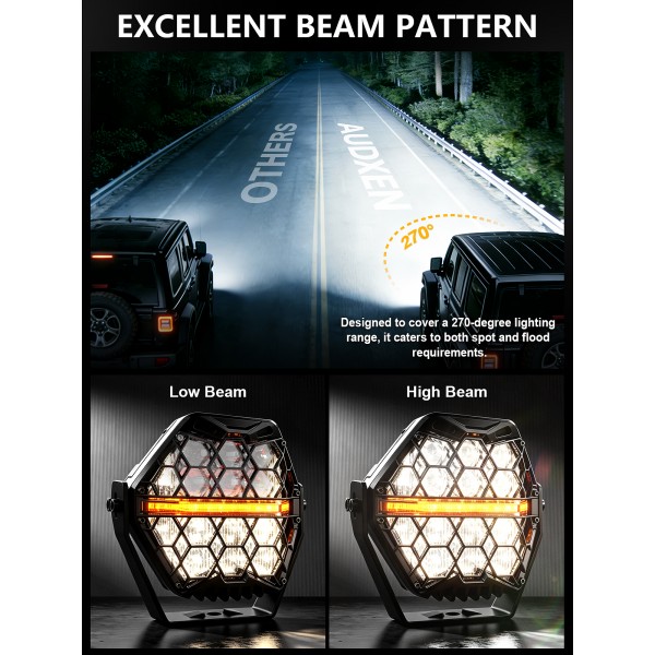 AUDEXEN 5.75 Inch Hexagonal LED Pods Lights 110W - Heavy-Duty Offroad Driving Light with Amber DRL, 800% Bright Work Lights Flood Spot Beam, Hex-Series LED Fog Lamp for Jeep Trucks ATV UTV RZR SUV