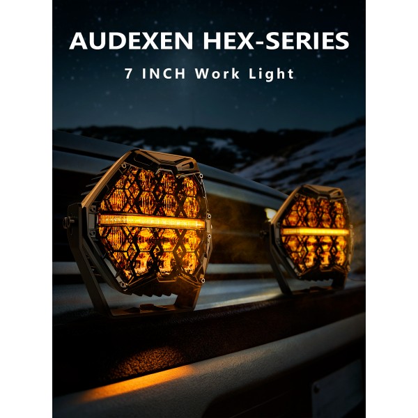 AUDEXEN 7 Inch Hexagonal LED Pods Lights 135W - Heavy-Duty Offroad Driving Light with Amber DRL, 800% Bright Work Lights Flood Spot Beam, Hex-Series LED Fog Lamp for Jeep Trucks ATV UTV RZR SUV