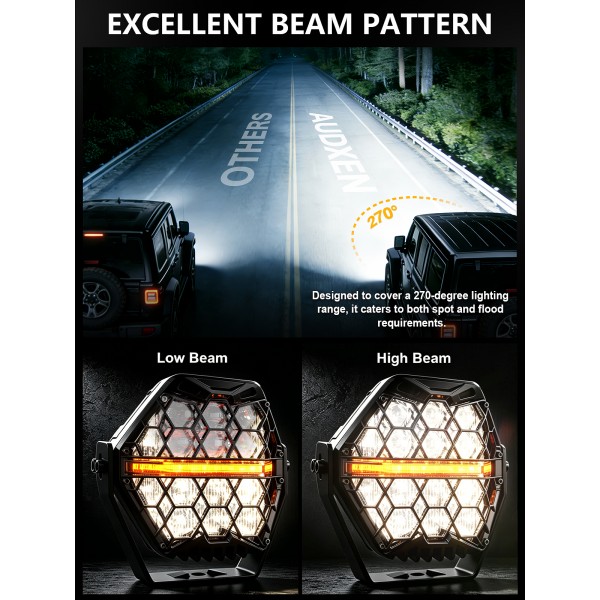 AUDEXEN 7 Inch Hexagonal LED Pods Lights 135W - Heavy-Duty Offroad Driving Light with Amber DRL, 800% Bright Work Lights Flood Spot Beam, Hex-Series LED Fog Lamp for Jeep Trucks ATV UTV RZR SUV