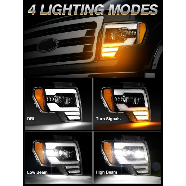 AUDEXEN 1200% Bright LED Headlight Assembly for Ford F150 F-150 2009-2014 OEM style replacement - Anti-glare Turn Signal DRL Hi/Low Sealed Beam - For Factory Halogen Headlights & 3 Pin Plug Only