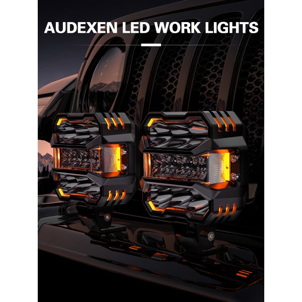 AUDEXEN 4.5 Inch LED Pods Lights 110W - Offroad Driving Light with Amber Side Marker, 800% Bright White & Amber Combo Work Lights Flood Spot Beam, LED Cubes Fog Lamp for Jeep Trucks ATV UTV RZR SUV
