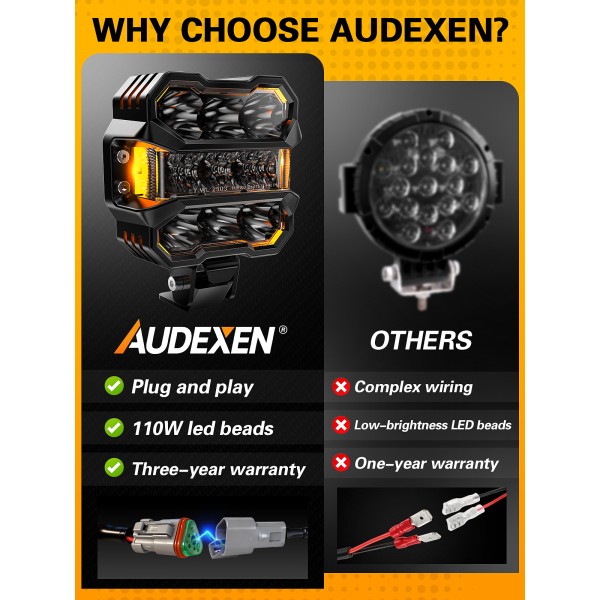 AUDEXEN 4.5 Inch LED Pods Lights 110W - Offroad Driving Light with Amber Side Marker, 800% Bright White & Amber Combo Work Lights Flood Spot Beam, LED Cubes Fog Lamp for Jeep Trucks ATV UTV RZR SUV