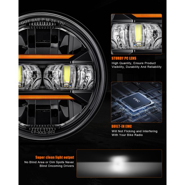 AUDEXEN 5.75" LED Headlight for Harley, Amber Signals & White DRL Round 5.75 Inch Motorcycle Headlight Compatible with Dyna Sportster Softail Iron 883 Street Bob Street Rod Super Wide Glide, Black