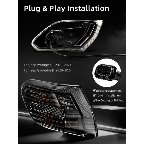 AUDEXEN LED Fender Side Marker Lights for Jeep Wrangler JL & Gladiator JT 2018–2025, Smoked Lens, Plug & Play Parking Corner Light Turn Signal Lamps