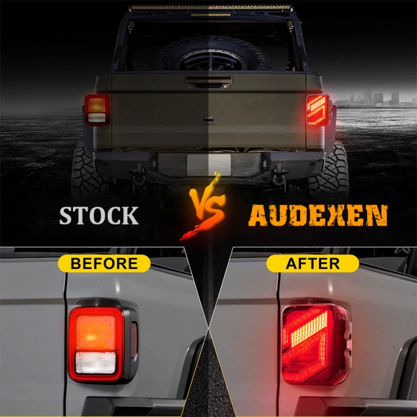 AUDEXEN LED Tail Lights for Jeep Gladiator JT 2020–2024, S-Shaped Rear Brake Lamps with 30W Reverse Light, DOT Compliant, Plug & Play, Smoked Lens, 2PCS