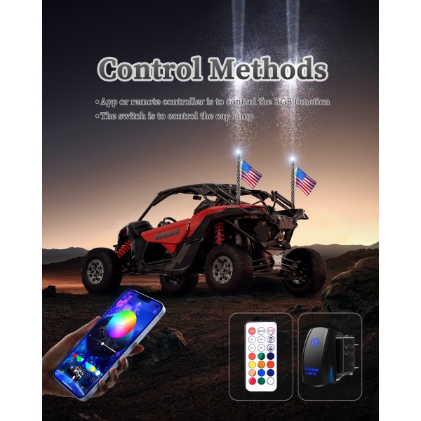 AUDEXEN Top Cover Navigation Light Integrate with RGB Whip Lights, Spiral Led Whip Light Controlled by App & Remote for UTV ATV SXS Off-Road RZR for Polaris Can-Am Truck 4X4-2FT