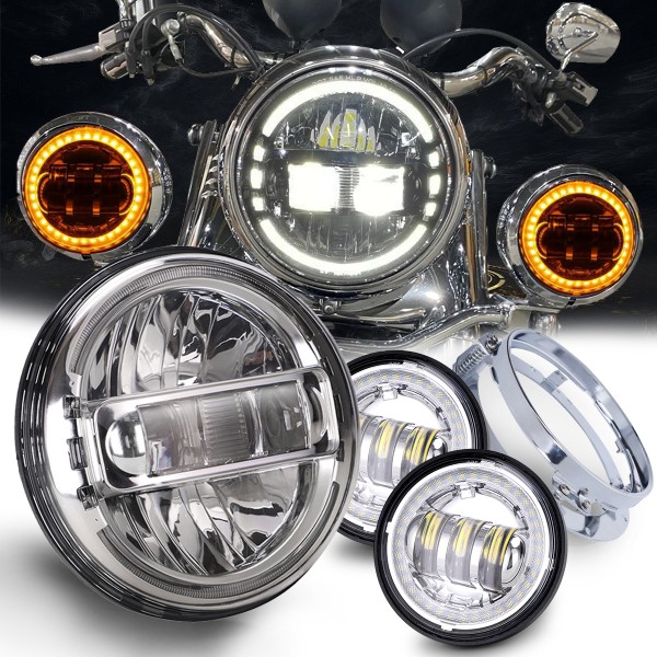 7 Inch LED Headlight + 4.5 Inch LED Fog Lights with White/Yellow Halo Ring + Headlight Bracket Compatible with Harley, DOT Approval, Black