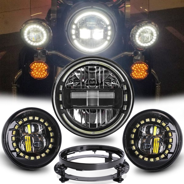 DOT Approval 7 Inch LED Headlight + 4.5 Inch LED Passing Fog Lights with White DRL Halo Ring + Headlight Bracket Compatible with Harley, Black