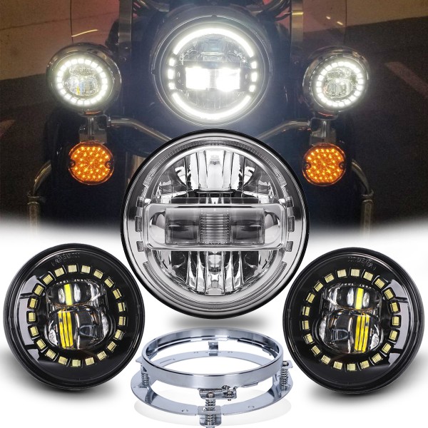 DOT Approval 7 Inch LED Headlight + 4.5 Inch LED Passing Fog Lights with White DRL Halo Ring + Headlight Bracket Compatible with Harley, Chrome