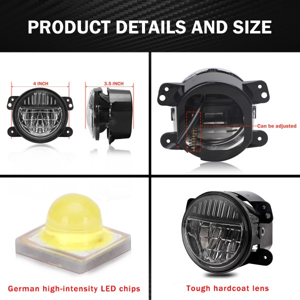 4 Inch Led Fog Lights, Smiley Design Front Bumper Replacements Foglights Compatible with Jeep Wrangler JK JKU TJ CJ LJ Freedom Edition 2007-2018 Fog Lamps, DOT Compliant, Black