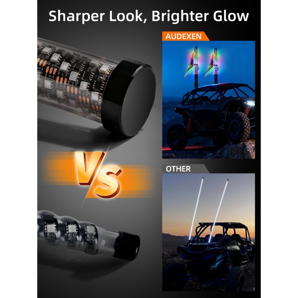 AUDEXEN New Tpye of Smoked Lens RGB Whip Lights, 2FT Spiral Led Lighted Whips, Plug & Play Spring, App & Remote Control, for SXS UTV ATV Off-Road RZR for Polaris Can-Am Truck 4X4 Sand Buggy Dune