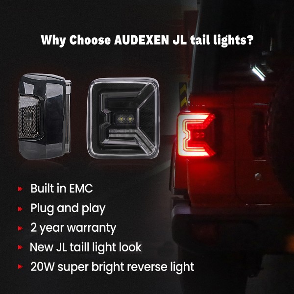 AUDEXEN LED Tail Lights for Jeep Wrangler JL JLU 2018–2024, C-Shaped Rear Brake Lamps with 20W Reverse Light, DOT Compliant, Plug & Play, Black Lens