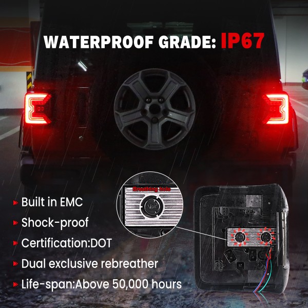 AUDEXEN LED Tail Lights for Jeep Wrangler JL JLU 2018–2024, C-Shaped Rear Brake Lamps with 20W Reverse Light, DOT Compliant, Plug & Play, Black Lens