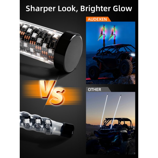 AUDEXEN New Tpye of Clear Lens RGB Whip Lights, 2FT Spiral Led Lighted Whips, Plug & Play Spring, App & Remote Control, for SXS UTV ATV Off-Road RZR for Polaris Can-Am Truck 4X4 Sand Buggy Dune