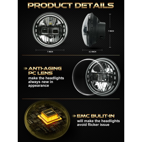 7 Inch LED Headlights for Jeep Wrangler JK JKU TJ LJ 1997–2018, 1200% Brighter Round Halo Headlamp, Hi/Lo Beam, Plug & Play Replacement for H6024, DOT Approved, Black
