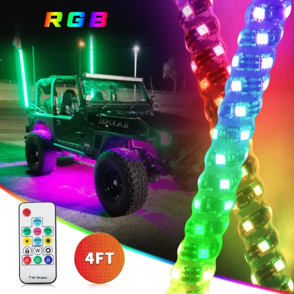 AUDEXEN Spiral RGB LED Whip Lights 4FT with USA Flag, RF Wireless Remote Controller Compatible with Jeep UTV ATV RZR Polaris Dune Buggy Sand Rails Go Kart Truck 4X4 Off-Road, 2 PCS