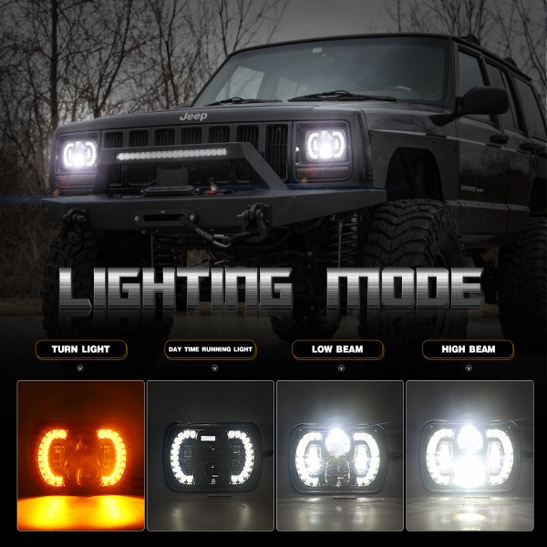 120W 7x6 5x7 LED Headlights Unique “Diamond” Ring Design for Amber Turn Signal, White DRL and High Low beam Compatible with Jeep Wrangler YJ Cherokee XJ H6054 H5054, DOT Compliant, 2 PCS