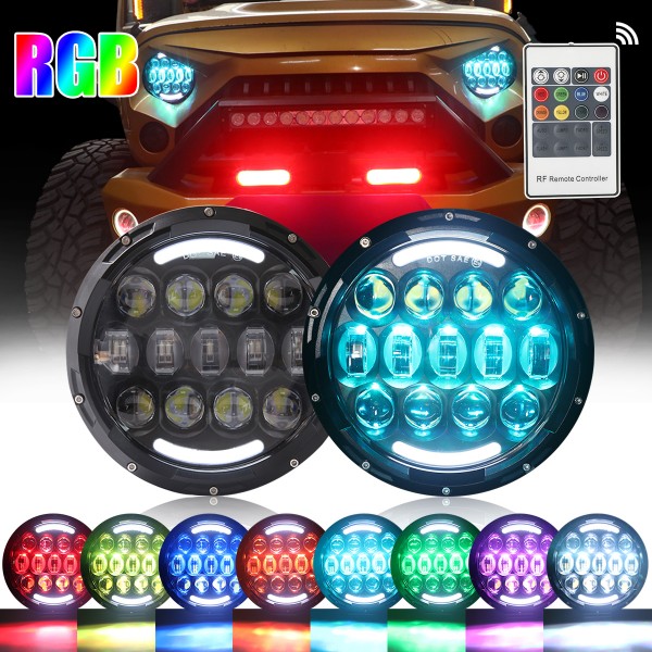 105W RGB Led Headlights 7 Inch Round Headlight with Remote Controller High/Low Beam DRL Headlamps for Jeep Wrangler JK TJ JL CJ AM General Hummer (105W 2PCS)