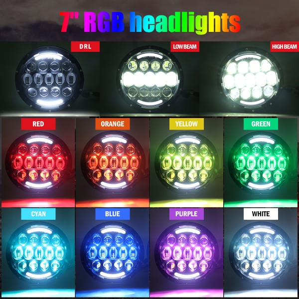 105W RGB Led Headlights 7 Inch Round Headlight with Remote Controller High/Low Beam DRL Headlamps for Jeep Wrangler JK TJ JL CJ AM General Hummer (105W 2PCS)