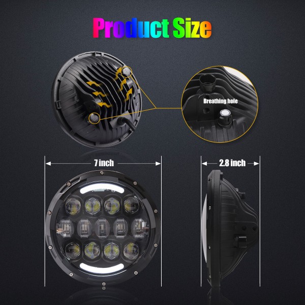 105W RGB Led Headlights 7 Inch Round Headlight with Remote Controller High/Low Beam DRL Headlamps for Jeep Wrangler JK TJ JL CJ AM General Hummer (105W 2PCS)