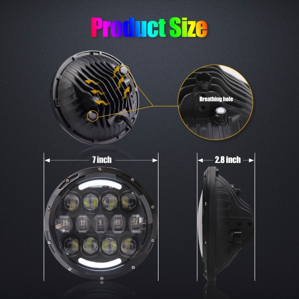 105W RGB Led Headlights 7 Inch Round Headlight with Remote Controller High/Low Beam DRL Headlamps for Jeep Wrangler JK TJ JL CJ AM General Hummer (105W 2PCS)