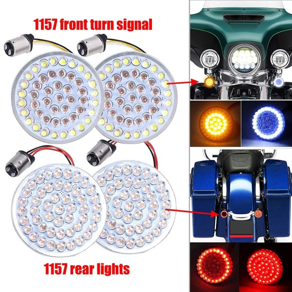 2 Inch LED Turn Signal Kit for Harley 1157 Base White/Amber Front Turn Signal Bulbs + 1157 Double Connector Red Rear Turn Signal Lights for Harley Street Glide Motorcycle