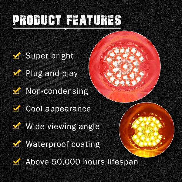 3-1/4 Inch LED Turn Signal Kit for Harley Flat Smoke Lens 1157 Double Base Amber Front Turn Signal Bulbs + 1156 Single Connector Red Rear Turn Signal Lights for Harley Motorcycle Road Glide Road King