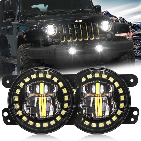 4 Inch Jeep Led Fog Light with White Halo Ring/Fog lights Projector Compatible with 2007-2018 Jeep Wrangler JK JKU TJ LJ Freedom Edition Fog Lamps - DOT Compliant