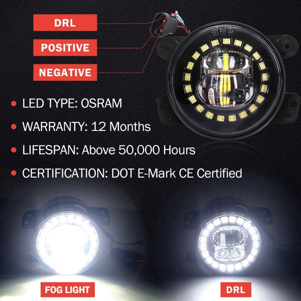 4 Inch Jeep Led Fog Light with White Halo Ring/Fog lights Projector Compatible with 2007-2018 Jeep Wrangler JK JKU TJ LJ Freedom Edition Fog Lamps - DOT Compliant