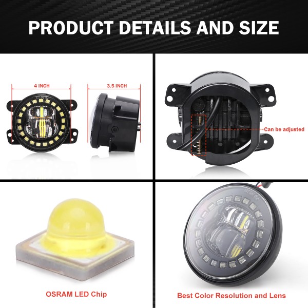 4 Inch Jeep Led Fog Light with White Halo Ring/Fog lights Projector Compatible with 2007-2018 Jeep Wrangler JK JKU TJ LJ Freedom Edition Fog Lamps - DOT Compliant