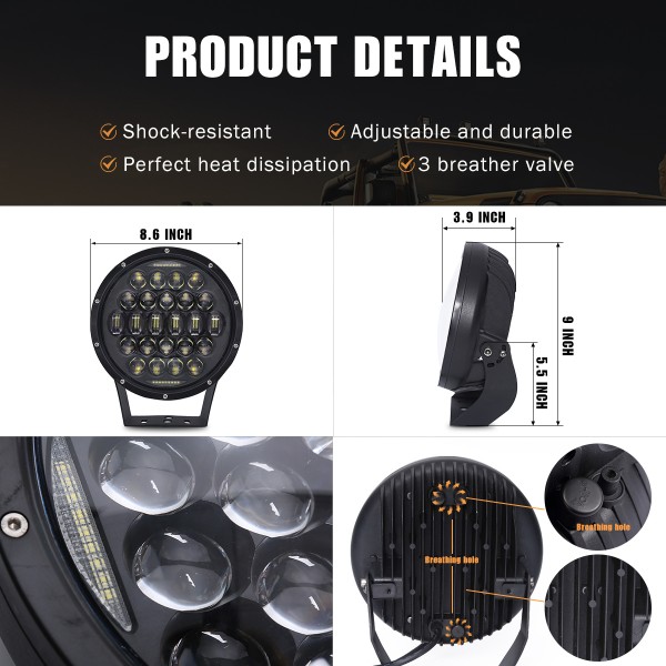 [300W] 9 Inch Round LED Work Light, Pod Lights with Built-in EMC, High/Low Beam Driving Lights with Adjustable Mounting Bracket for Jeep Wrangler Off Road 4x4 Truck Trailer ATV SUV Tractor - 1 PCS