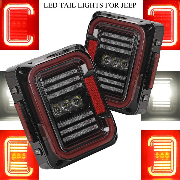 LED Tail Lights for Jeep Wrangler JK JKU 2007-2018, Unique"C" Shaped Design Clear Lens, 20W Reverse Lights, Built-in EMC, DOT Compliant, 2 PCS