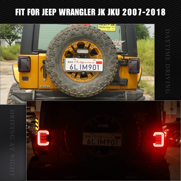 LED Tail Lights for Jeep Wrangler JK JKU 2007-2018, Unique"C" Shaped Design Smoked Lens, 20W Reverse Lights, Built-in EMC, DOT Compliant, 2 PCS