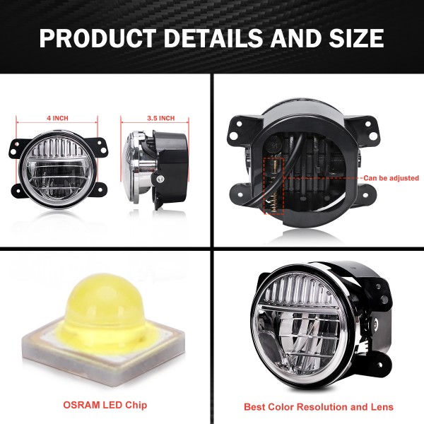 4 Inch Led Fog Lights, Smiley Design Front Bumper Replacements Foglights for Jeep Wrangler JK JKU TJ CJ LJ Freedom Edition 2007-2018 Fog Lamps, DOT Compliant