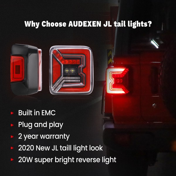 LED Tail Lights for Jeep Wrangler JL 2018-2020, 20W Reverse Lights, Built-in EMC, Unique"C" Shaped Design, DOT Compliant, Clear Lens, 2 PCS