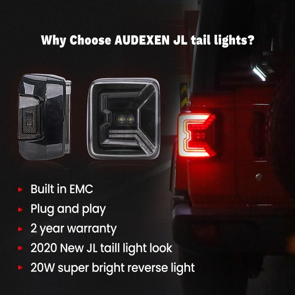 LED Tail Lights for Jeep Wrangler JL 2018-2020, 20W Reverse Lights, Built-in EMC, Unique"C" Shaped Design, DOT Compliant, Black Lens, 2 PCS