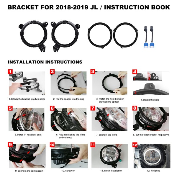 Jeep JL Headlights = Jeep 7 Inch Headlights + JL Headlight Mounting Bracket Adapters for Jeep Wrangler JL JLU Sahara Rubicon Sport 2018-2020, DOT Approved, 2PCS, Silver