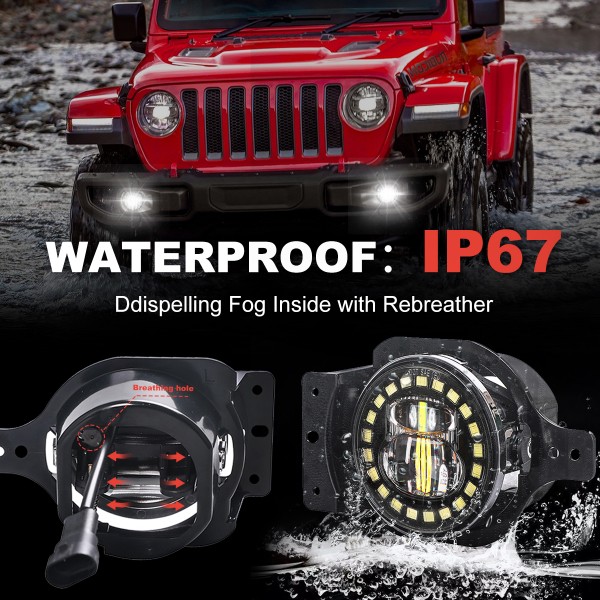 4 Inch Led Fog Lights with Adjustable Bracket, White Halo Ring and Smiley Design Front Bumper Replacements Foglights for 2018-2020 Jeep Wrangler JL Fog Lamps, DOT Compliant